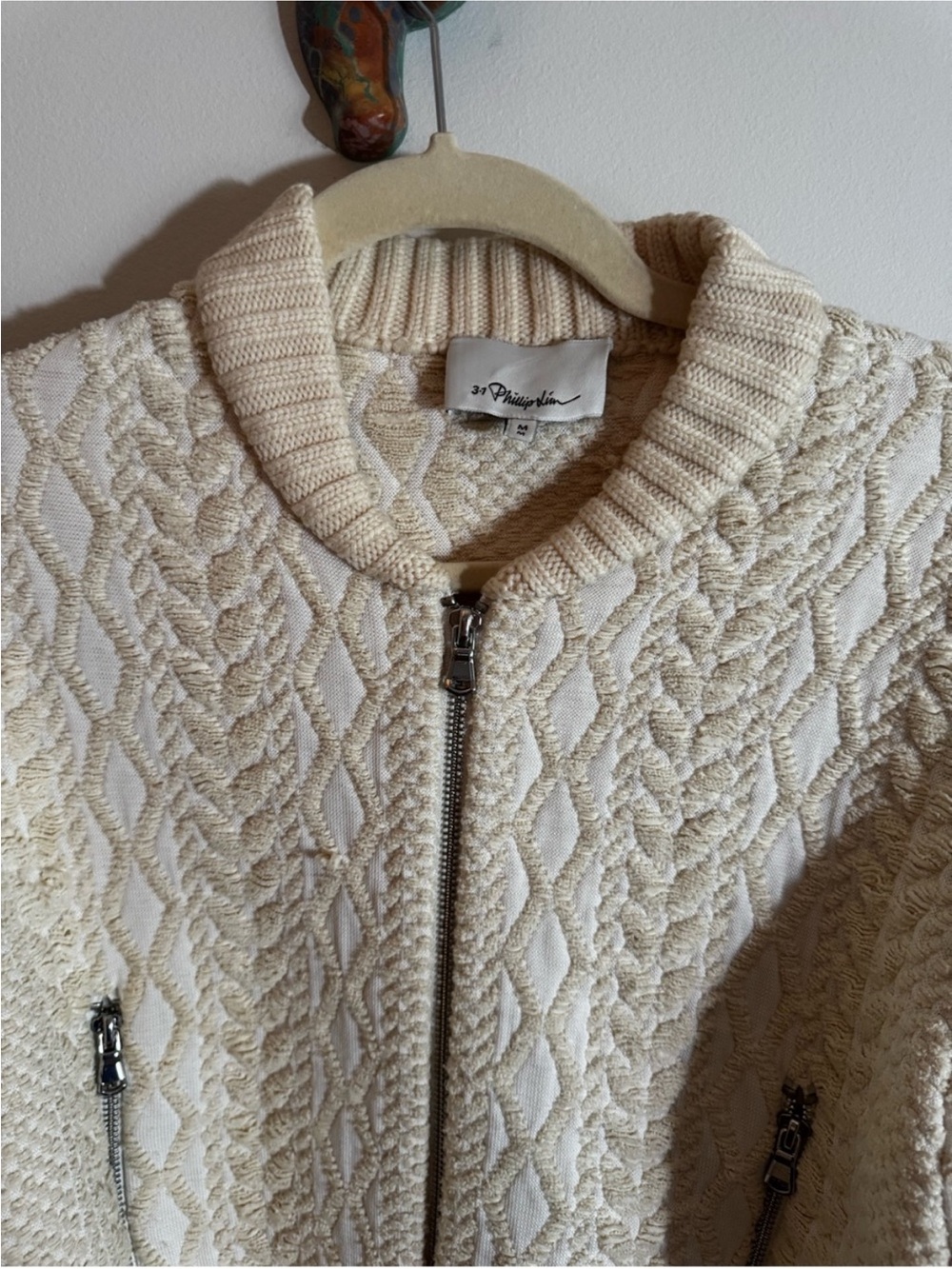 3.1 Phillip Lim Cream Cable Knit Full Zip Cardigan Zip Pockets Size M - Picture 5 of 6